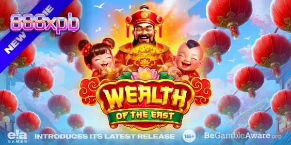 Tampilan visual slot Wealth of the East dengan tema festival oriental dan simbol Dewa Fu.